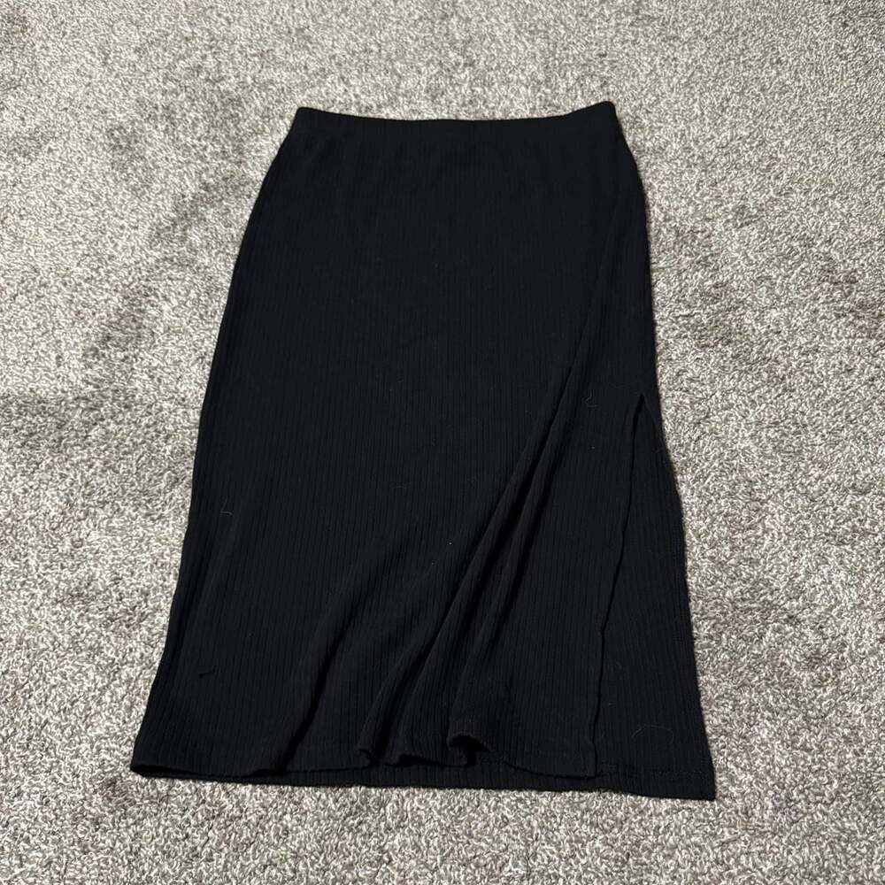 Time and Tru Black Ribbed Midi Skirt with Side Slit, Size S